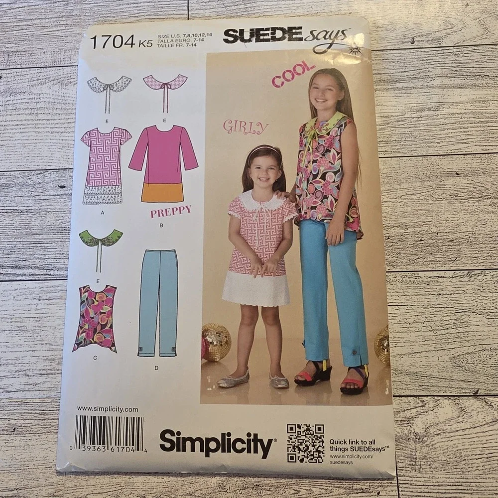 Simplicity Pattern 1704 Girls SUEDE SAYS Dress Tunic Pants Detachable Collars